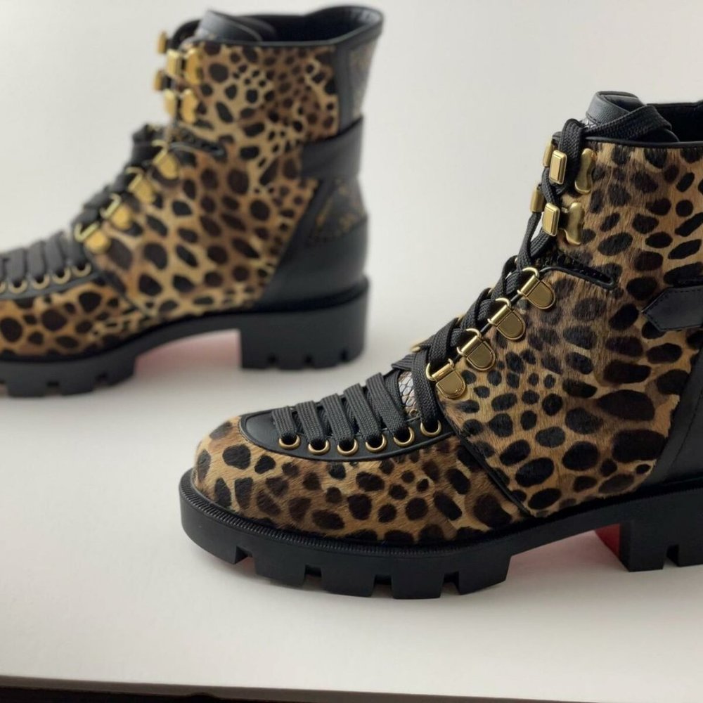 NIB Christian Louboutin MACADEMIA Leopard Pony Lace Up Moto Biker Combat Boots - Picture 10 of 12